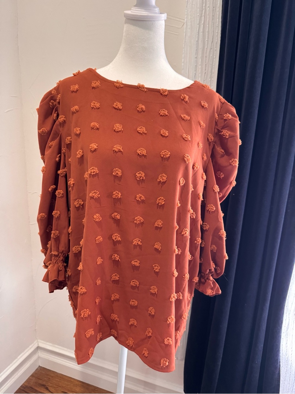 Rust Textured Pom-Pom Blouse - Women